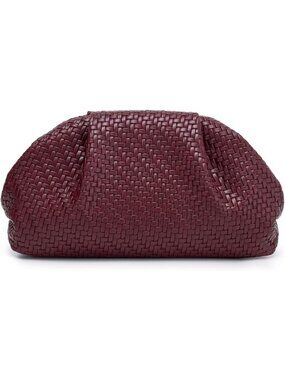 Womens Wine Red Intrecciato Ruched Dumpling Clutch Evening Bag Party Purse